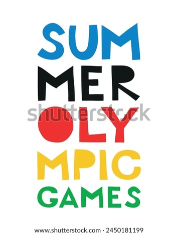 Summer Olympic games handwritten lettering in olympic colored. Sticker, label, clip art, design element. International sport event. Vector isolated on white. Paris 2024 sport games concept.