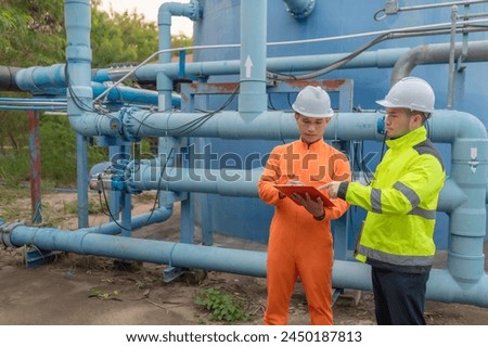 Engineer and technician maintenance checking technical data of system equipment Condenser Water pump and pressure gauge,environmentalist working at water supply