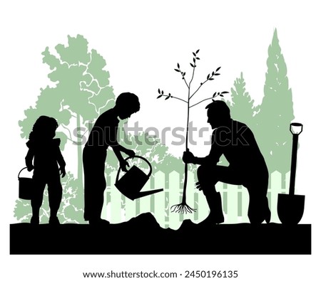 Children, men and women silhouettes on white background. Family working in the garden. Vector illustration.	
