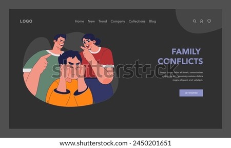 Family conflicts concept. Distraught boy covers ears while parents scream and threaten, depicting household tension and child distress. Dysfunctional family dynamics. Flat vector illustration Royalty-Free Stock Photo #2450201651