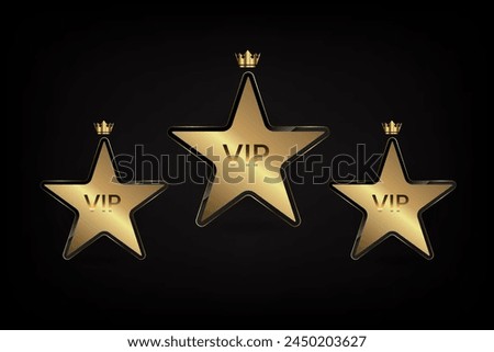 Set of three gold stars with crown for premium level and top value of luxury position icon, symbol, element, button, object vector illustration