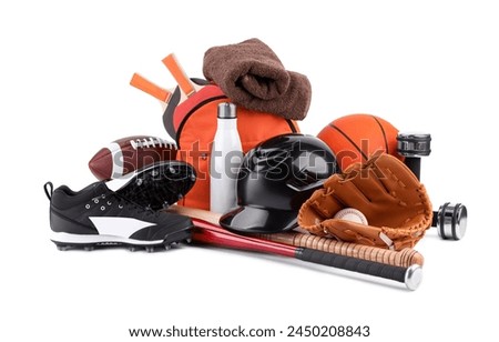 Many different sports equipment isolated on white