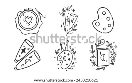 Black and white doodle hobby drawing and Embroidery. Brushes and paints. Vector illustration. Self care concept.Meditation and relaxation Royalty-Free Stock Photo #2450210621