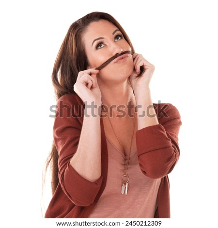 Hair, funny woman and mustache on lips in studio for pouting or comedy isolated on a white background. Face, fake hairstyle and comic female person, goofy or crazy model in casual clothes for fashion