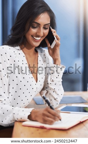 Woman, talking on cellphone and smile in office for career, company planning and project management with diary and tablet. Journalist or editor and happy for job in organisation profession workspace