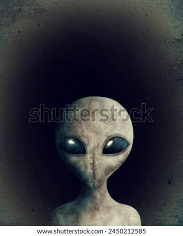 Space, alien and face of futuristic sci fi character from galaxy, universe or dark secret conspiracy. Science, fantasy and creative illustration of extraterrestrial cosmic monster with creepy eyes
