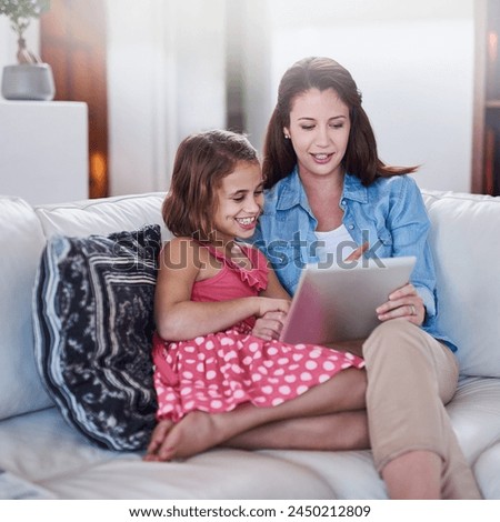 Mother, girl child and relax with tablet for streaming, elearning or online games with bonding or together at family home. Happy, love and woman on break with daughter, connection and ebook with tech