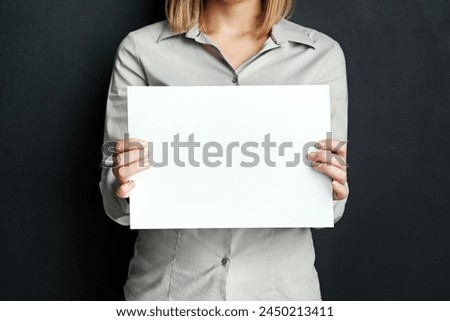 Mockup, hand and woman with poster for advertising board, design or marketing info in studio. Female person, blank paper and banner with space for promotion, branding and news on black background