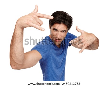 Portrait, man and punk with rock hands in studio for music, sign language and inside on backdrop. Male person, comical gesture and isolated on white background for playfulness, humor and amusement