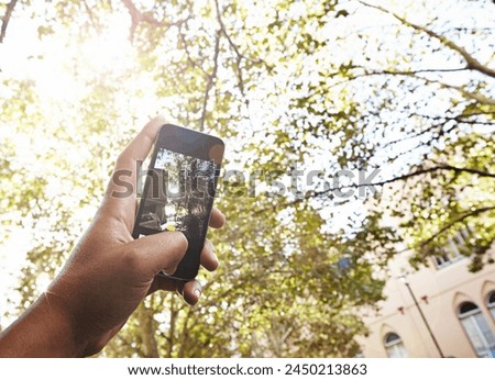 Phone, screen and photography of trees in park at college, campus or academy building with nature. Outdoor, filming and hand click recording on cellphone to post online about environment at school