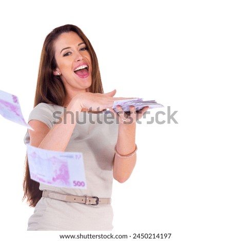 Wow, portrait and woman with money rain in studio for shopping, loan or bank payment on white background. Cash, trading and casino winner with bingo prize, promotion or mockup for lottery giveaway