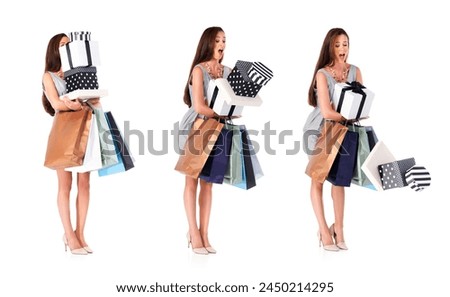 Collage, woman and fashion with bags in studio for surprise with falling boxes, customer and retail sale. Isolated consumer, composite and shopaholic by white background with shock, packages and drop
