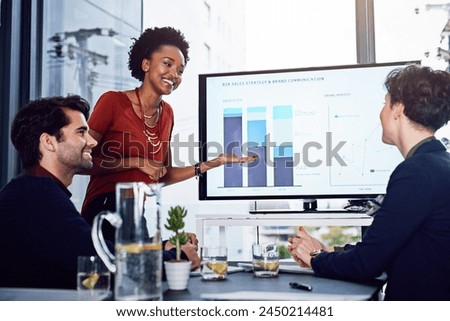 Business people, saleswoman or monitor for presentation, graphs or training data in meeting. Education, financial coaching or speaker teaching audience on charts stats on screen in workshop or speech