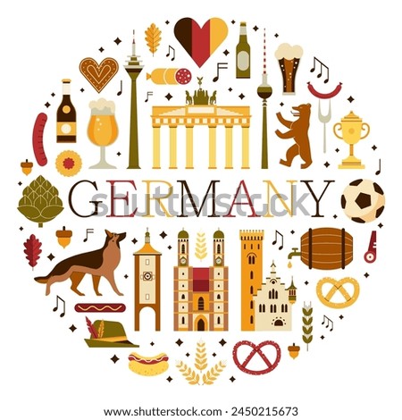 Germany travel card with Bavarian and country tourist clip arts. German circle print with vintage design elements collection of landmarks, traditional food and cultural symbols.