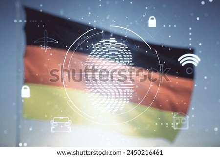 Abstract virtual fingerprint illustration on German flag and sunset sky background, personal biometric data concept. Multiexposure
