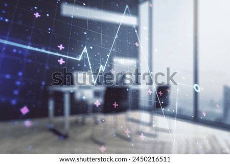 Double exposure of creative abstract heart rate hologram and modern desktop with laptop on background. Healthcare technolody concept