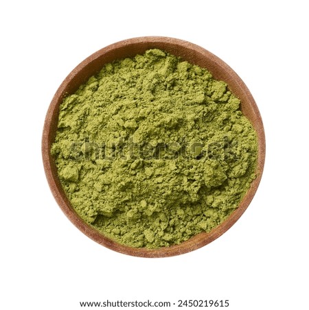 Henna powder in bowl isolated on white, top view