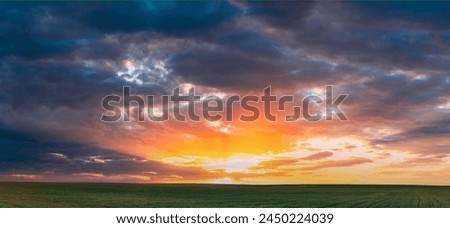 Spring Sunset Sky Above Countryside Rural Meadow Landscape. Wheat Field Under Sunny Spring Sky. Skyline. Agricultural Landscape With Growing Green Young Wheat Shoots, Wheat Germs. Copy Space.