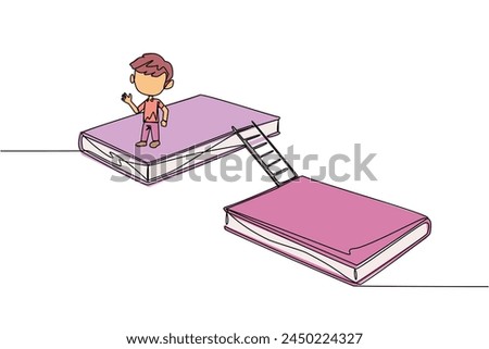 Single one line drawing boy walking on books. A book exhibition concept. Display many books, from scientific books to fiction story books. Book festival. Continuous line design graphic illustration