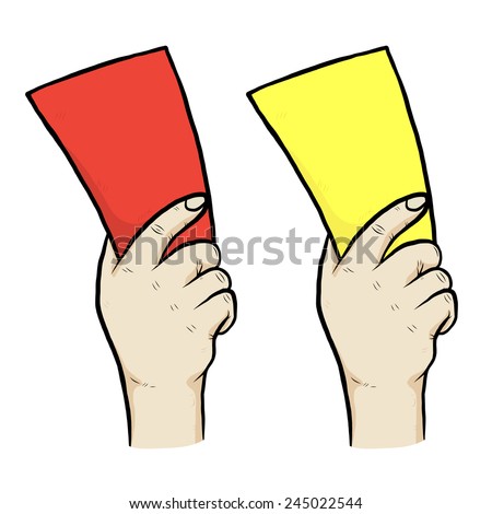 hand holding red and yellow card / cartoon vector and illustration, hand drawn style, isolated on white background.