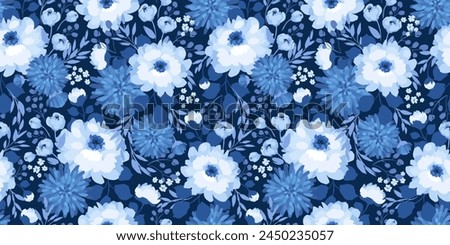 Blue floral seamless pattern. Vector design for paper, cover, fabric, interior decor and other uses