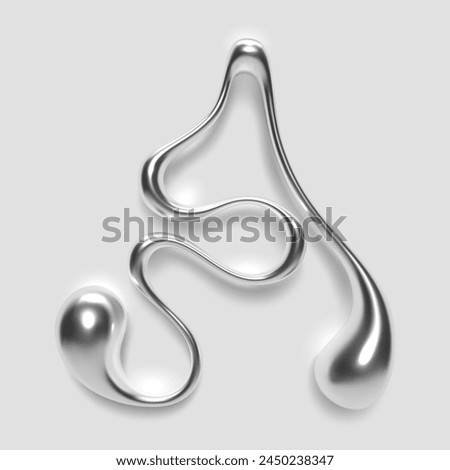 3D melted liquid metal letter A, English alphabet, with glossy reflective surface, abstract fluid droplet shape, silver or chrome gradient. Isolated vector letter for Y2K design font Royalty-Free Stock Photo #2450238347