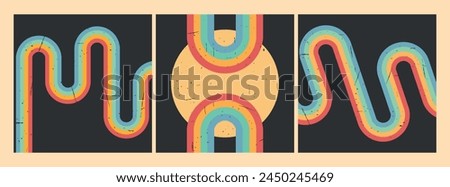 Retro vintage background set. Retro style stripes. Twisted rainbow on dark background. Grunge texture. Vector illustration