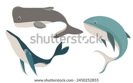 Illustration of a flat set of different whales and dolphins. Isolated animals on a white background.