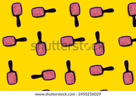 Vibrant pink combs pattern on yellow background. Pop art design, repeating collage