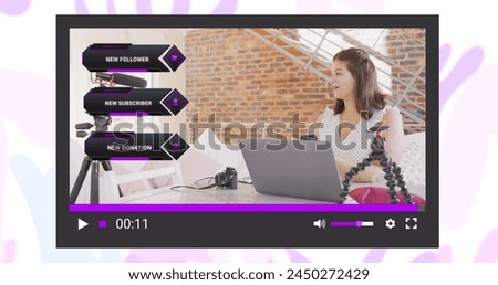 Image of social media screen over caucasian woman making image blog at home. Social media and digital interface concept digitally generated image.