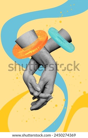 Vertical creative picture collage human hands body fragments hold each other unity trust connection colorful drawing background
