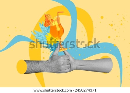 Creative image collage picture human hands thumb up arms cocktail glass liquid pub weekend celebration drawing background