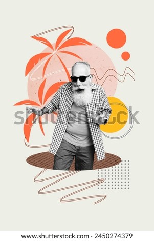 Vertical picture image stylish retired man sunglass tourist exotic resort vacation tropical environment palms sunny weather weekend