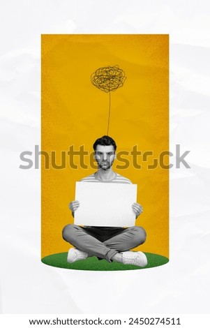 Composite trend sketch image 3D photo collage of young man sit lotus pose hold in hand white empty banner paper think mind healthcare