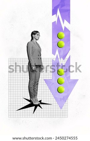 Vertical photo collage of young inexperienced businesswoman arrow down failure loss hole money loss bankrupt isolated on painted background Royalty-Free Stock Photo #2450274555
