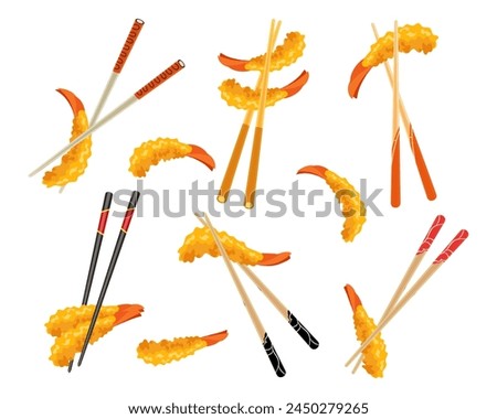 Set of fried shrimp or Tempura shrimp on chopsticks isolated on white background. Collection of clip arts. Vector