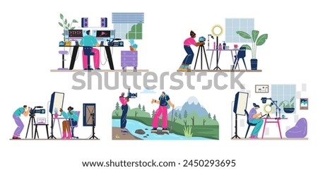 Video makers and editors, motion designers and animators during filmmaking, set of flat vector illustrations isolated on white background. Video studio service banners.