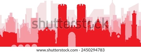 Red panoramic city skyline poster with reddish misty transparent background buildings of GENOA (GENOVA), ITALY