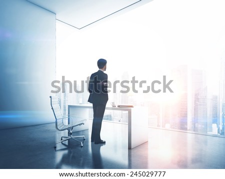 Businessman looking megalopolis through window