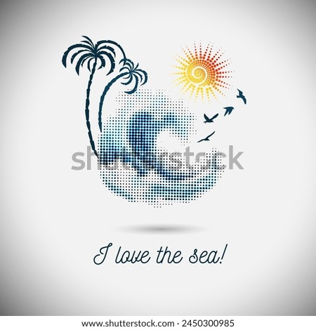 Logo sea palm trees and sun . hand drawing. Not AI. Vector illustration.