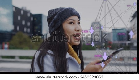 Image of social media icons and business data over biracial woman using smartphone. Global social media, business, connections and data processing concept digitally generated image.