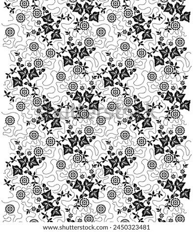 Border Geometric chunri ajrak All over Design Ethnic,floral leaves Baroque pattern and Mughal art Elements, Abstract texture motif, vintage Ornament artwork,illustration,Duppata,Black and White