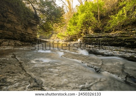 mountain river in a forest canyon, rocky river Royalty-Free Stock Photo #2450326133