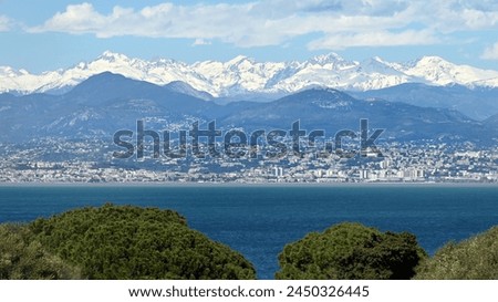 Nice coastline with Alps snow-capped mountains, blue sea and trees from Cap d'Antibes Royalty-Free Stock Photo #2450326445