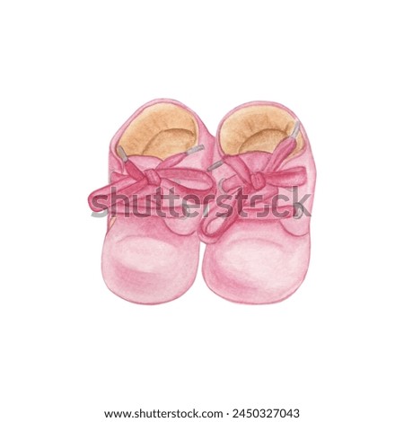 Cute hand drawn baby background. Watercolour illustration of newborn accessories. Shoes for baby girl. For prints, cards, invitations, baby backgrounds, baby showers, etc.