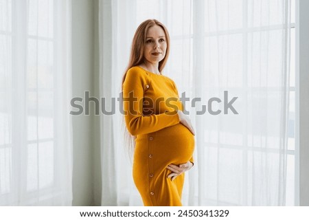 Pregnancy motherhood people expectation future. Pregnant woman with big belly standing near window at home. Girl hugging her tummy enjoying pregnancy. Maternity tenderness parenthood new life concept Royalty-Free Stock Photo #2450341329