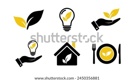 Vegan icon set with eco concepts. Vegan food, eco light bulb in hand symbols in flat style. Abstract eco house icon. Vector illustration for graphic design, Web, UI, mobile app Royalty-Free Stock Photo #2450356881