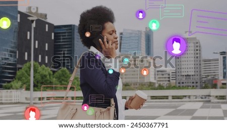 Image of social media icons and business data over african american woman using smartphone. Global social media, business, connections and data processing concept digitally generated image.