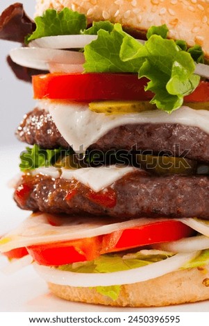 Appetizing double cheeseburger with two grilled beef patties..
