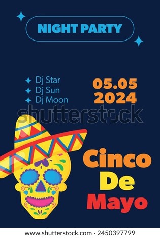 Cinco De Mayo poster template. Mexican attributes at dark ornament for background.